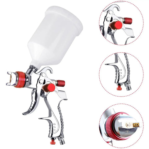 All In One HVLP Automotive Spray Gun Kit With 3 Nozzles 1.4 mm 1.7 mm 2.0 mm 600cc Cup And Cup System Connector DIY Friendly For Cars Fences And Furniture Red, featuring detailed view of spray gun, nozzle, and connector.