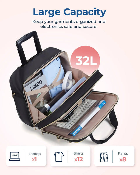 Interior view of Rolling Laptop Bag For 15.6 Inch Laptop Underseat Carry On Luggage With TSA Lock, showing spacious 32L capacity.