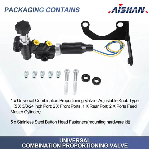 Universal Adjustable Proportioning Valve Kit With Easy Turn Knob For Master Cylinder 260-13190 260-11179, showing components including valve and fasteners.