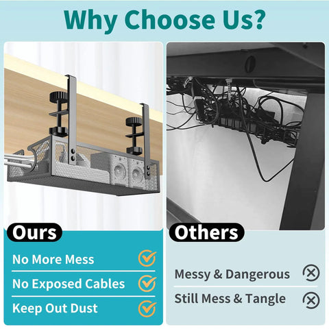Comparison of no drill desk cable tray with clamp vs messy cables, under desk wire management organizer in black