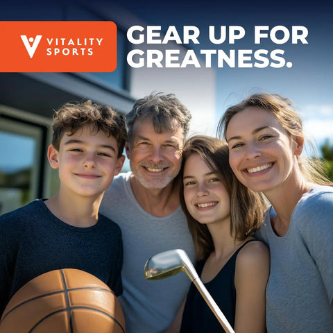 I don’t know who these people are, smiling family with sports equipment, outdoor setting.