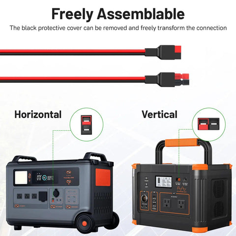 45A Cable With O Ring Terminal For Standard Port Connectors shown with portable power stations, red/black design, 10AWG, 2ft.