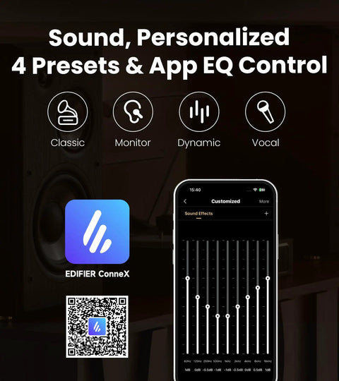 EQ control on phone app for Powerful 144W 3-Way Powered Bookshelf Speakers With Sub Out For Desktop Studio Use, Hi-Res Audio, Bluetooth 6.0