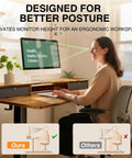 Standing Desk With Storage Drawers And Monitor Shelf For A Game Ready Office Setup Adjustable Height Computer Desk For Home Office Study Gaming And Workstation 47.2 By 27.6 Inches Brown, showing a woman using the desk with ergonomic chair and built-in monitor riser.