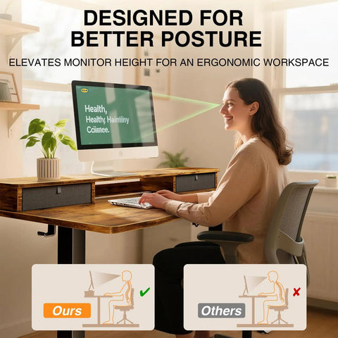 Standing Desk With Storage Drawers And Monitor Shelf For A Game Ready Office Setup Adjustable Height Computer Desk For Home Office Study Gaming And Workstation 47.2 By 27.6 Inches Brown, showing a woman using the desk with ergonomic chair and built-in monitor riser.