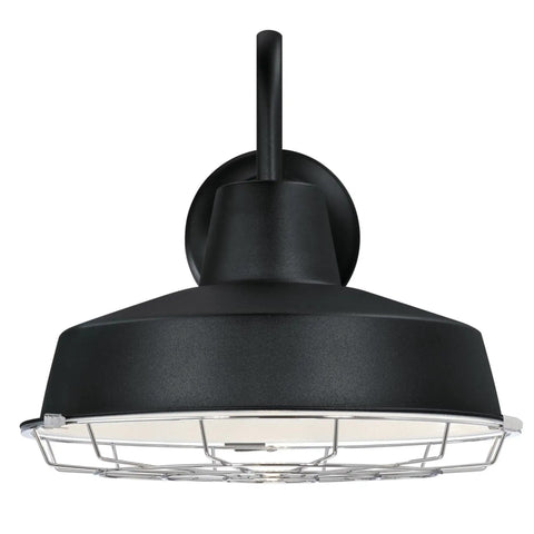 One Light LED Dusk To Dawn Outdoor Wall Light With Textured Black Finish And Chrome Cage Shade, front view