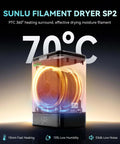 3Kg Filament Dryer SP2 With Storage Box for 1.75mm and 2.85mm Filaments, glowing at 70 degrees, visual of spools drying inside.