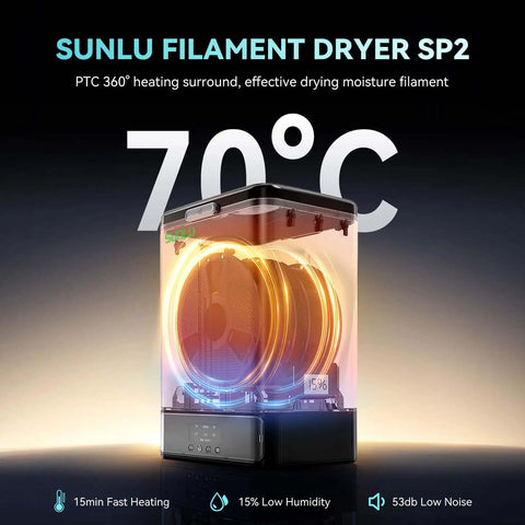 3Kg Filament Dryer SP2 With Storage Box for 1.75mm and 2.85mm Filaments, glowing at 70 degrees, visual of spools drying inside.