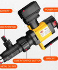 Close-up of Handheld Cordless Oil Pump With 2 Batteries And 100W Motor showing battery, hose interface, and power switch details.