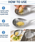 Ginger Grater Spoon And Lime Zester With Garlic Press And Wasabi Grinder in use, showing grating, collecting paste, and rinsing steps.