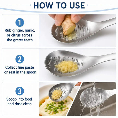 Ginger Grater Spoon And Lime Zester With Garlic Press And Wasabi Grinder in use, showing grating, collecting paste, and rinsing steps.