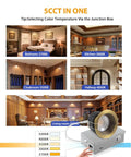 Adetu 4 Pack 3 Inch 5CCT Bronze Anti-Glare LED Recessed Ceiling Light showcasing color temperature settings in various rooms.