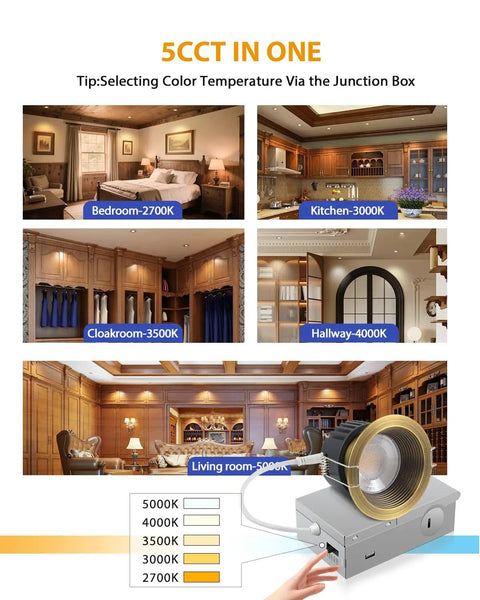 Adetu 4 Pack 3 Inch 5CCT Bronze Anti-Glare LED Recessed Ceiling Light showcasing color temperature settings in various rooms.