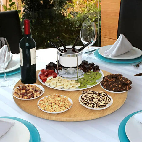 20 Inch Extra Large Bamboo Lazy Susan Turntable Round Rotating Serving Tray with snacks and wine, eco-friendly bamboo construction
