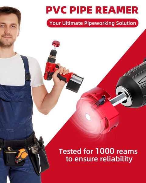 PVC pipe reamer tool (3/4 in), red plastic body with drill attachment for standard 1/2-inch drills