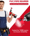 Man holding a drill with attached DIY Friendly Plastic Pipe Fitting Reamer for One and a Half Inch PVC Schedule 40 Pipe, red tool.