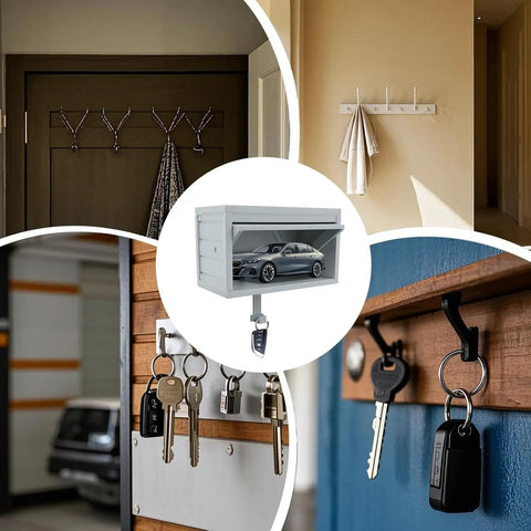 Two Pack Car Garage Key Holder With Opening Door, adhesive wall mount key rack with mini car garage design, light grey, easy install