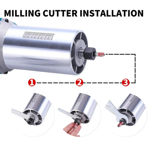 Milling cutter installation demonstration on the Rock Solid Electric Wood Router And Smooth Operator Trimmer with clear step visuals.
