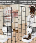 No Fuss Slick Hanging Automatic Small Pet Food Water Dispenser For Cages With Anti Spill Base, showing water and food refill in use.