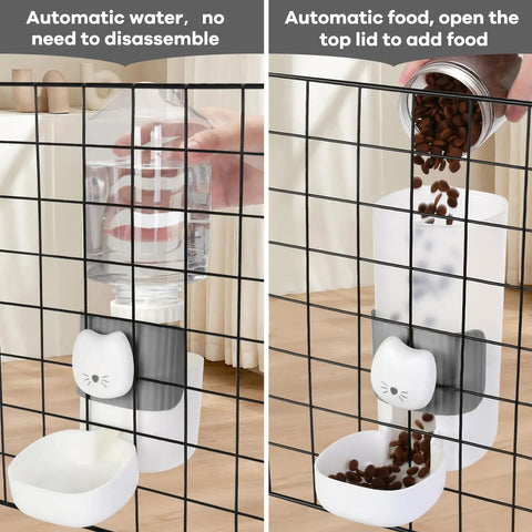 No Fuss Slick Hanging Automatic Small Pet Food Water Dispenser For Cages With Anti Spill Base, showing water and food refill in use.