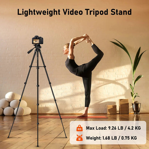 68 Inch Camera Tripod For Phone And Tablet, All In One Travel Stand With Remote in yoga studio setting.