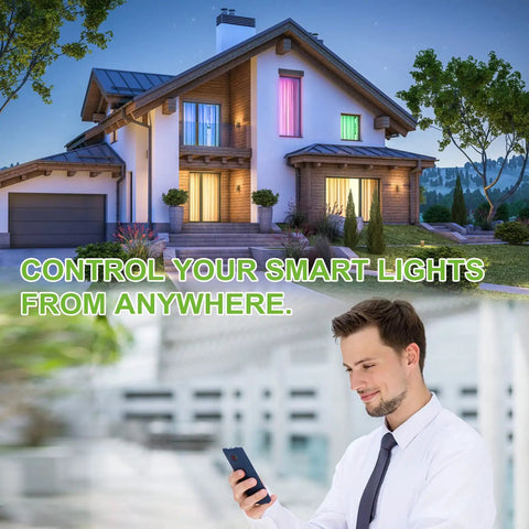 House with Smart WiFi LED Recessed Downlight 6 Pack Five To Six Inch RGBW Color Changing Tunable White Can Light with baffle trim.