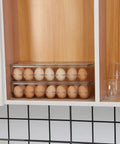 Clear 14 Egg Organizer Tray For Refrigerator Narrow Stackable Dispenser No Brainer Easy Access And Space Saving BPA Free Plastic Fits 14 Eggs 2 Pack For Fridges in wooden shelf