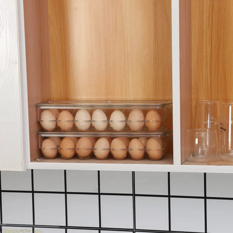 Clear 14 Egg Organizer Tray For Refrigerator Narrow Stackable Dispenser No Brainer Easy Access And Space Saving BPA Free Plastic Fits 14 Eggs 2 Pack For Fridges in wooden shelf
