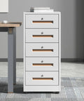 Lockable Metal File Cabinet With Five Drawers For Home Office Secure Filing Storage, heavy duty steel construction, side view.