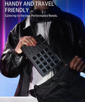 Person holding a Studio Grade MIDI Pad Beat Maker Drum Machine With 16 Backlit Pads, 3 Pad Banks, handy and travel-friendly.