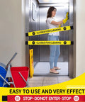 Heavy Duty Nylon Door Barricade Signs Set Of Four Hella Visible Warning Strips with magnets in elevator, closed for cleaning signage.