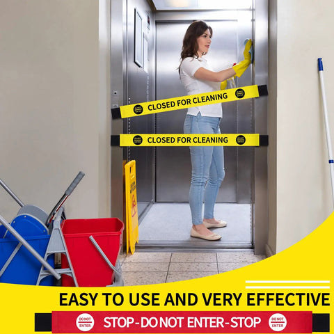 Heavy Duty Nylon Door Barricade Signs Set Of Four Hella Visible Warning Strips with magnets in elevator, closed for cleaning signage.