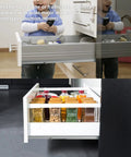 Heavy Duty Undermount Drawer Slides 21 Inch Soft Close Cabinet Runners with sugar jars and snacks in view.