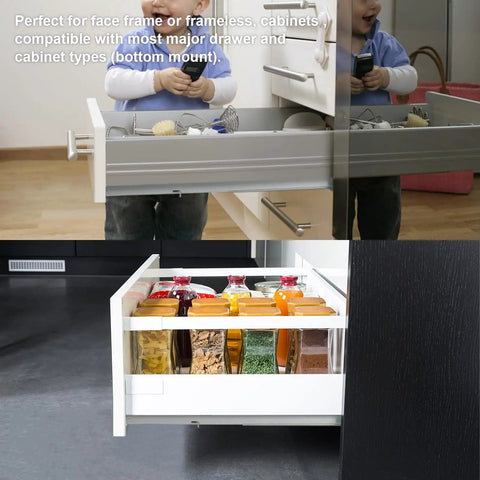 Heavy Duty Undermount Drawer Slides 21 Inch Soft Close Cabinet Runners with sugar jars and snacks in view.