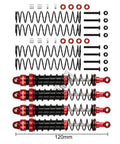 4 Piece RC Shock Absorber Set For 1 To 10 Scale RC Crawlers Like Axial SCX10 90046 AXI231017 And TRX 4 D90 120mm dampers shown with springs and screws