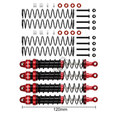 4 Piece RC Shock Absorber Set For 1 To 10 Scale RC Crawlers Like Axial SCX10 90046 AXI231017 And TRX 4 D90 120mm dampers shown with springs and screws