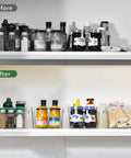 Before and after pantry organization showing Straight Up Sturdy 12 Pack Clear Plastic Storage Bins With Handles for neat arrangement.