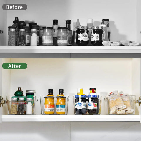 Before and after pantry organization showing Straight Up Sturdy 12 Pack Clear Plastic Storage Bins With Handles for neat arrangement.