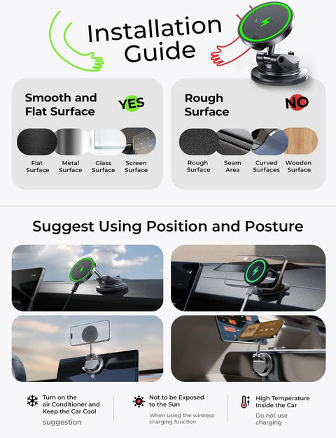 Installation guide for MagSafe Car Mount Charger With 15W Wireless Magnetic Phone Holder Suction Mount For Car And Truck Compatible With IPhone 12 Through 17 Pro Max Easy One Step Install Strong Seal PD 18W Power Recommended illustrating surface compatibility and usage tips.