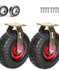 Heavy Duty Rubber Caster With 450 Pounds Load Capacity For Industrial Jobs Featuring Hella Smooth Shock Absorbing Inflatable Wheels and Brake Equipped Swivel Castors That Glide Like A Champ With Kickass Durability, showing two pneumatic wheels with red spokes.