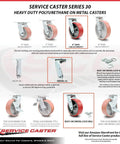 Image of Set Of 4 Heavy Duty Swivel Casters With 6 Inch Red Polyurethane On Cast Iron Wheels Including Bolt On Locks for heavy loads.