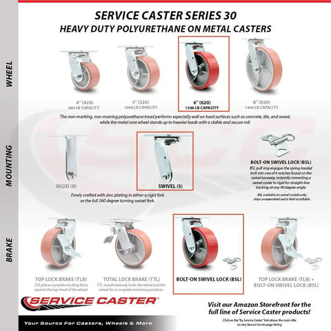 Image of Set Of 4 Heavy Duty Swivel Casters With 6 Inch Red Polyurethane On Cast Iron Wheels Including Bolt On Locks for heavy loads.