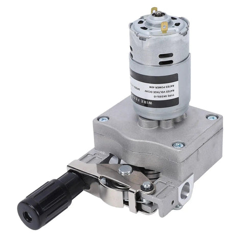 MIG Welder Wire Feed Motor With Beefy 2 Roll Feeding System 40W Power Adjustable Wire Speed From 2 To 15 Precise Clamping For 0.8 To 1.0mm MIG MAG Welding Smooth Feeding Jamming Resistant Great For Steel And Aluminum. silver metal feed motor with clamp and control knob