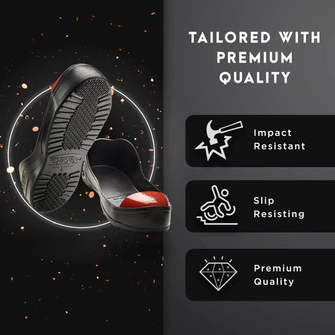 Heavy Duty Steel Toe Overshoes Delivering Tough As Nails Protection On Rough Job Sites Quick Slip On Safety Footwear Covers For Tradesmen Seeking Serious Toe Guard Gear with red tip detail.