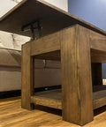 Heavy Duty Two Piece Lift Up Coffee Table Mechanism with Smooth Gas Spring Hinge Support Bracket, wooden coffee table viewed from below.