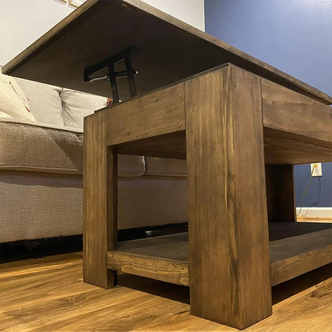 Heavy Duty Two Piece Lift Up Coffee Table Mechanism with Smooth Gas Spring Hinge Support Bracket, wooden coffee table viewed from below.