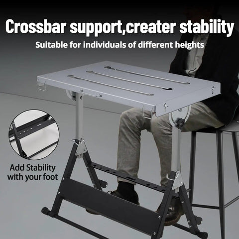 Crossbar support on Rock Solid Folding Welding Table With Adjustable Height And Quick Tilt Settings Portable Slotted Steel Workbench.