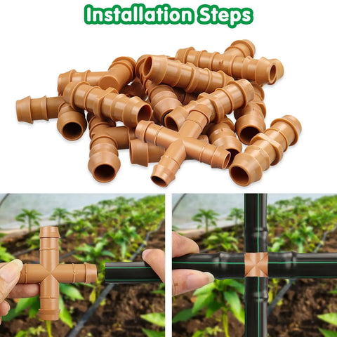 12 Pack 1/2 Inch Drip Irrigation Cross Connectors Four Way Tee Barbed Hose Fittings for 1/2 Inch Tubing in use