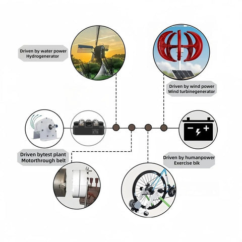 Diagram of energy sources including water, wind, motor, and human power, illustrating renewable energy generation setup.