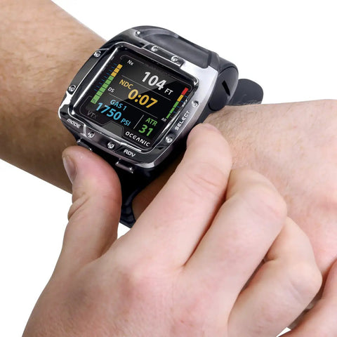 VTX Scuba Diving Computer Receiver Only With Ultra Bright Full Color OLED Display Bluetooth Ready worn on wrist showing dive data
